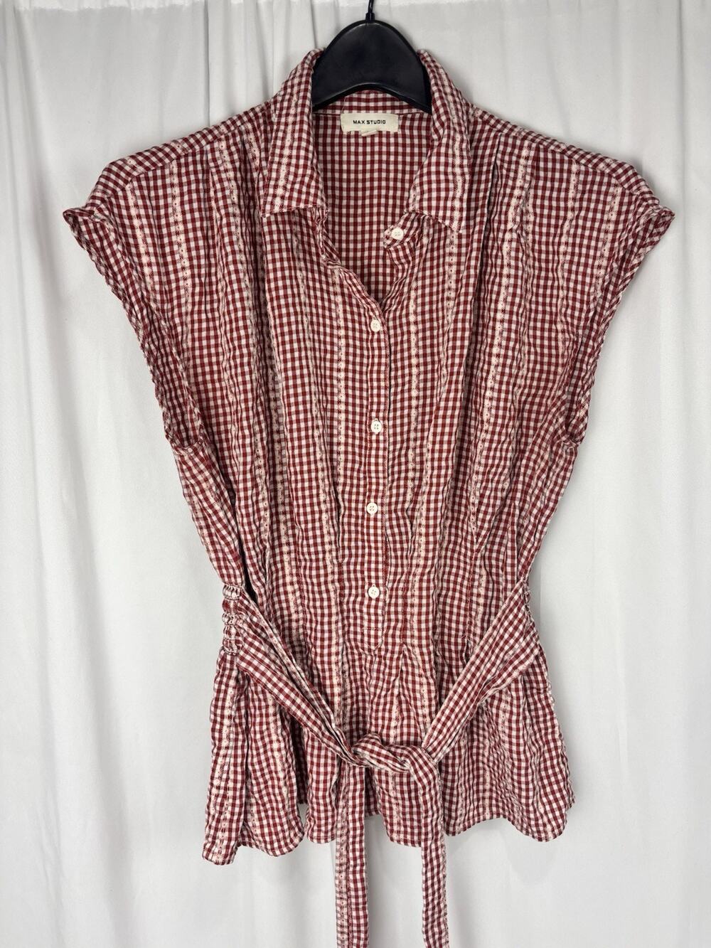 Max Studio Nicolette Red/White Gingham Sleeveless Top Tie Belt Embroidered Sz L
